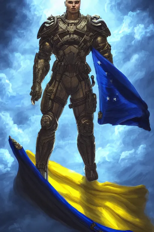 Prompt: an accurate picture of a super soldier with a Ukrainian blue and yellow stripes flag standing in the beam of light from the clouds on a pile of skulls as a winner, masculine figure, D&D, fantasy, intricate, elegant, highly detailed, extremely detailed, digital painting, artstation, concept art, matte, sharp focus, symmetrical, illustration, art by Artgerm and Greg Rutkowski and Alphonse Mucha