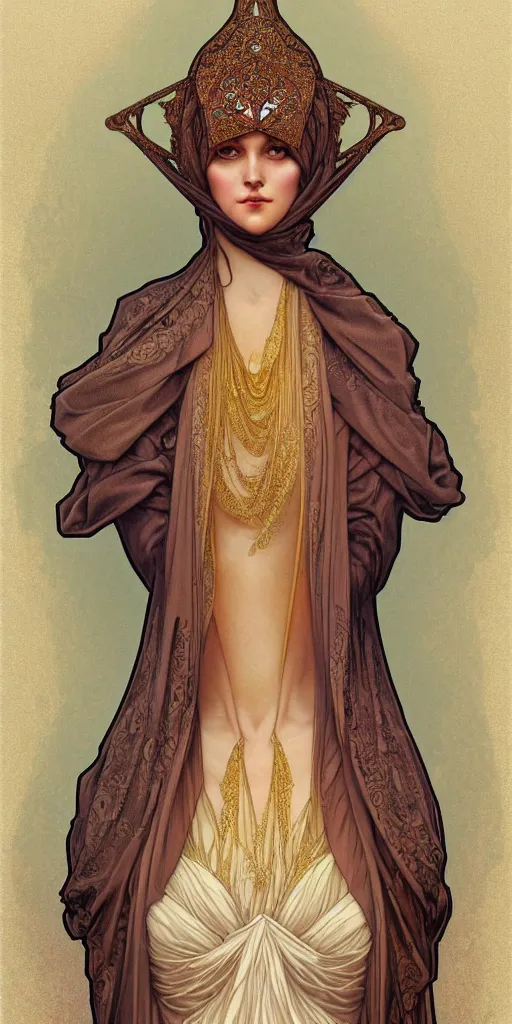 Image similar to character portrait of a modest woman, tall, feminine, powerful, modestly clothed, voluminous, intricate, elegant, highly detailed, digital painting, artstation, smooth, symmetrical, sharp focus, illustration, art by alphone mucha