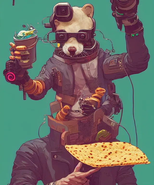 Image similar to a portrait of an anthropomorphic cyberpunk ferret eating a taco, cyberpunk!, fantasy, elegant, digital painting, artstation, concept art, matte, sharp focus, illustration, art by josan gonzalez