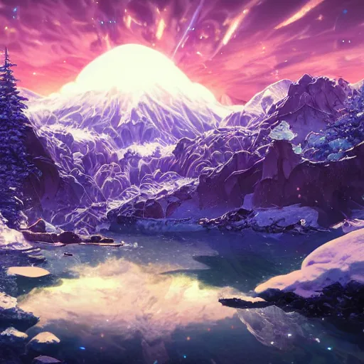 Image similar to the aesthetic view of the beautiful, grand, wistful, dreamy snowcapped mountain at dusk, hyperrealistic anime illustration by iralki nadar, colorful, extremely detailed, intricate linework, super sharp focus, bright colors, octopath traveler, studio ghibli, unreal engine 5 highly rendered, global illumination, radiant light, detailed and intricate environment