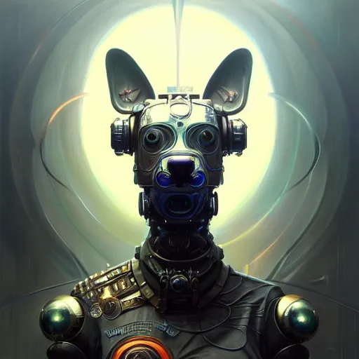 Image similar to low angle portrait shot of a cyberpunk dog robot, intricate, elegant, highly detailed, centered, digital painting, artstation, concept art, smooth, sharp focus, illustration, artgerm, Tomasz Alen Kopera, Peter Mohrbacher, donato giancola, Joseph Christian Leyendecker, WLOP, Boris Vallejo