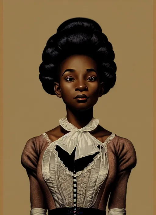 Image similar to a portrait of a young black woman with a crooked nose in victorian clothing, confident pose, intricate, elegant, sharp focus, illustration, highly detailed, concept art, matte, trending on artstation, anime, art by james jean and artgerm and brian despain and alberto mielgo, greg rutkowski, wlop, ilya kuvshinov, strong strokes