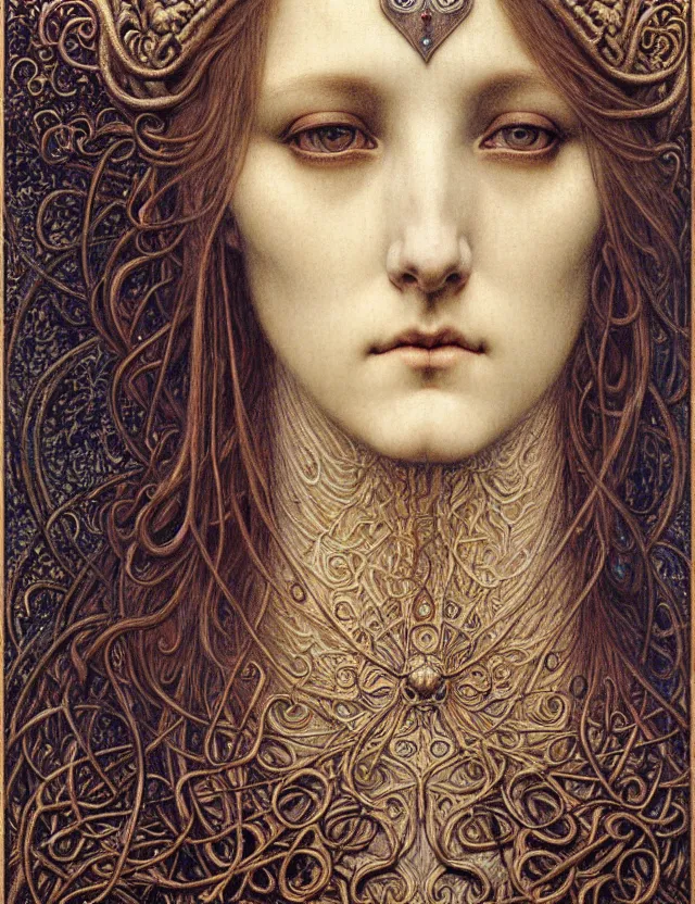 Image similar to detailed realistic beautiful young medieval queen face portrait by jean delville, gustave dore and marco mazzoni, art nouveau, symbolist, visionary, gothic, pre - raphaelite. horizontal symmetry