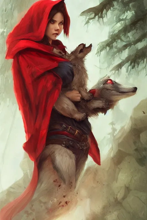 Image similar to amazon red riding hood holding wolf head, d & d, fantasy, highly detailed, headshot, digital painting, trending on artstation, concept art, sharp focus, illustration, art by artgerm and greg rutkowski and magali villeneuve