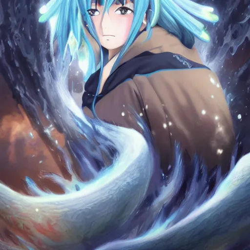 Image similar to rimuru tempest, tensei shitara slime datta ken, highly detailed, professional digital painting, concept art, extreme illustration, sharp focus, smooth, unreal engine 5, photorealism, hd quality, 8 k, black hoodie, cinematic, art by artgerm, yoshitaka amano, wataru kajika, junji ito