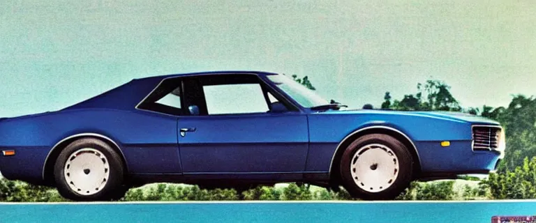 Image similar to denim blue audi camaro b 1 ( 1 9 6 7 ), 8 0 s retro poster, establishing shot