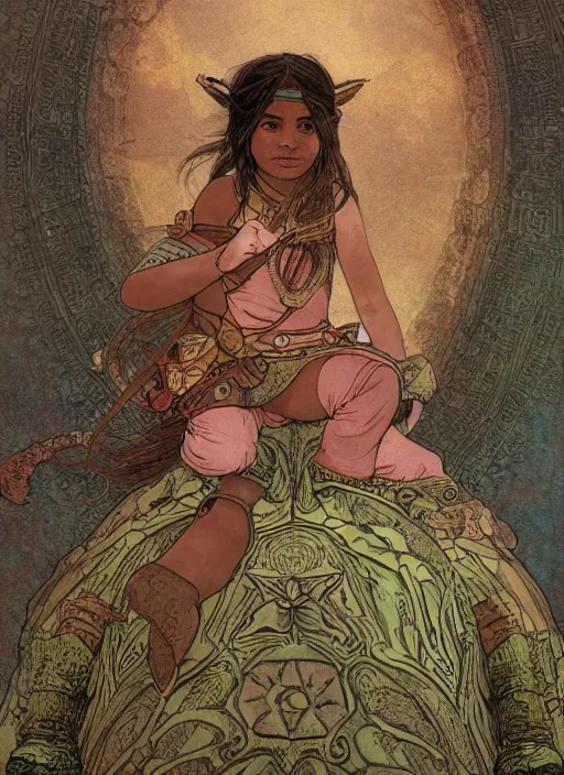 Image similar to portrait of a little warrior girl sitting on top of a giant turtle in the desert. the girl has dark skin and beautiful green eyes, realistic body legs and a very beautiful detailed symmetrical face with long black hair. the turtle has a big wise face and closed eyes. diffuse light, dramatic landscape, fantasy illustration by mucha