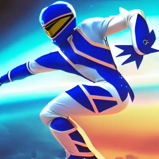 Prompt: a photograph of a power Ranger wearing a dolphin themed blue and white suit, 80s aesthetic, matte painting, concept art, 4k