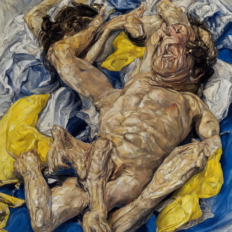 Image similar to high quality painting by lucian freud and jenny saville, hd, high contrast, fine details, mangenta, hd, blue, yellow