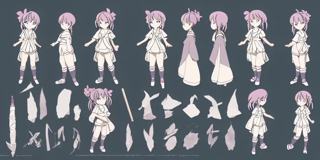 Prompt: a magical adventurer little girl character anime model sheet; in the magical studio ghibli anime; character outfit concepts; trending on artstation, highly detailed, clean lineart