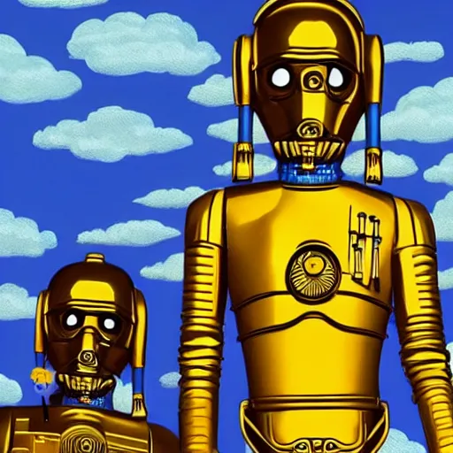 Image similar to full body portrait of Simpson as C3PO in star wars, background blue sky puffy clouds cinematic 4k