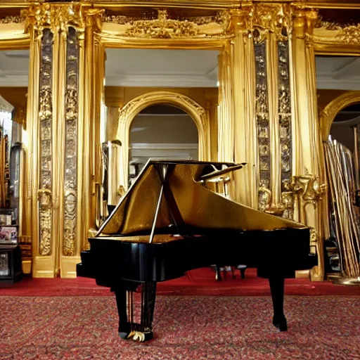 Image similar to A grand piano in a large room full of gold and silver instruments,