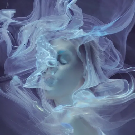 Image similar to A beautiful form made of pale blue smoke in the style of Aldo Katayanagi + Thick Milky Smoke + Mother Of Pearl +Milk and ink+ Iridescent smoky Elements + Moody Cinematic Lighting + Deep Shadows + Hyper Realistic + Maximalist Composition + Intricate Eldritch tendrils + 8K portrait + fluid dynamics