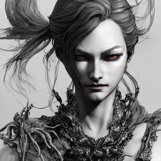 Image similar to the portrait of neutral evil fallen female dark knight vagabond as absurdly beautiful, gorgeous, elegant, sophisticated, woman, an ultrafine hyperdetailed illustration by kim jung gi, irakli nadar, intricate linework, bright colors, octopath traveler, final fantasy, unreal engine 5 highly rendered, global illumination, radiant light, detailed and intricate environment