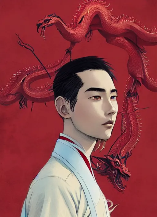 Image similar to concept art, a young man with danfeng eyes, fair complexion, straight nose, thin lips, delicate eyebrows, handsome and elegant, always wears a set of hanfu embroidered with red dragons, conrad roset, greg rutkowski, flume cover art