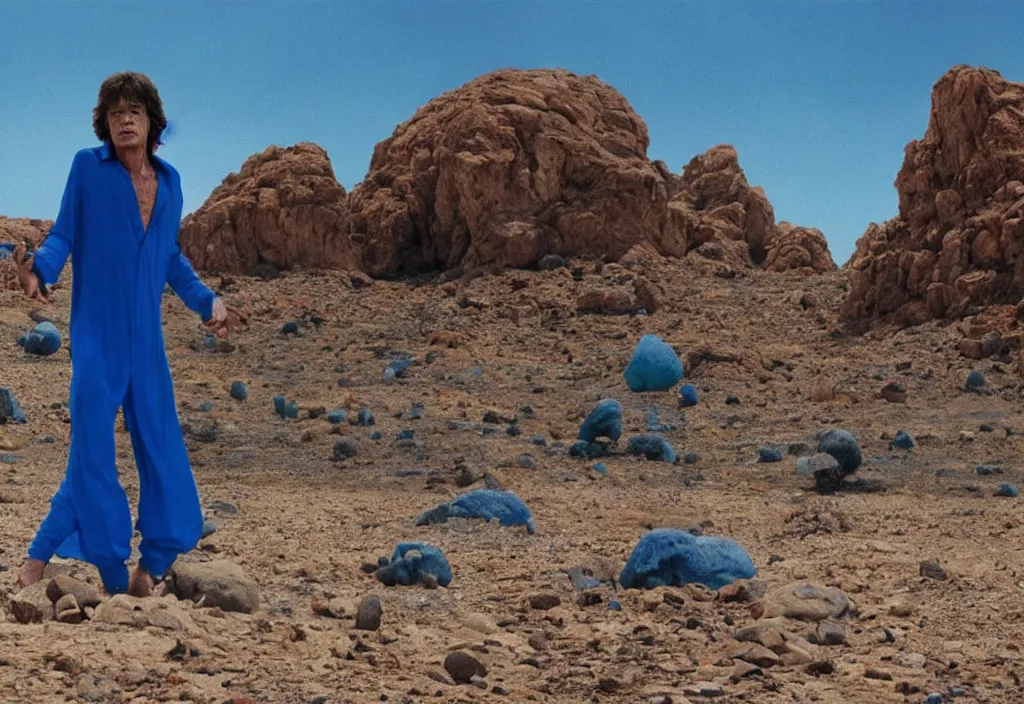 Image similar to mick jagger dressed in blue costume with jewels in a dry rocky desert landscape, with alien complex city beneath the sand and giant alien spaceship in the sky attacks the earth by christopher doyle and alejandro jodorowsky, anamorphic lens, kodakchrome, cinematic composition, masterpiece, 8 k