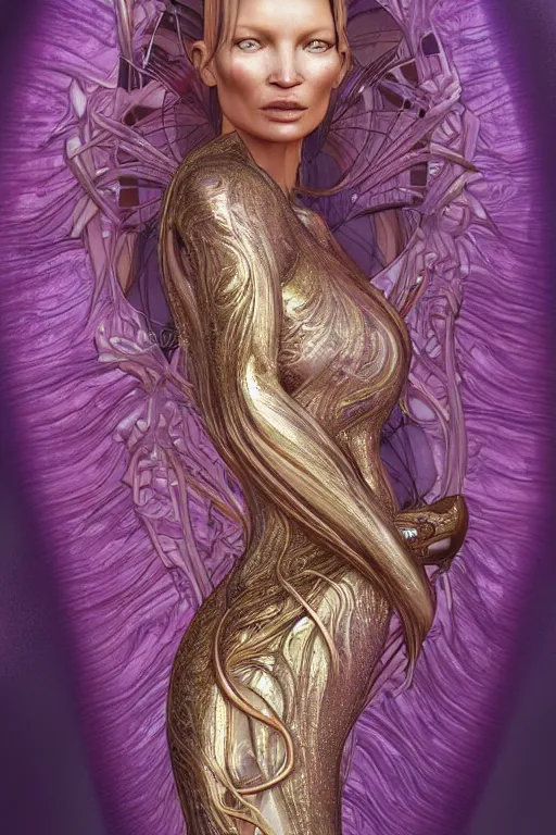 Image similar to a realistic portrait of a beautiful ancient alien woman goddess kate moss standing in iris van herpen dress jewelery and fractals in style of alphonse mucha art nuvo dmt trending on artstation made in unreal engine 4