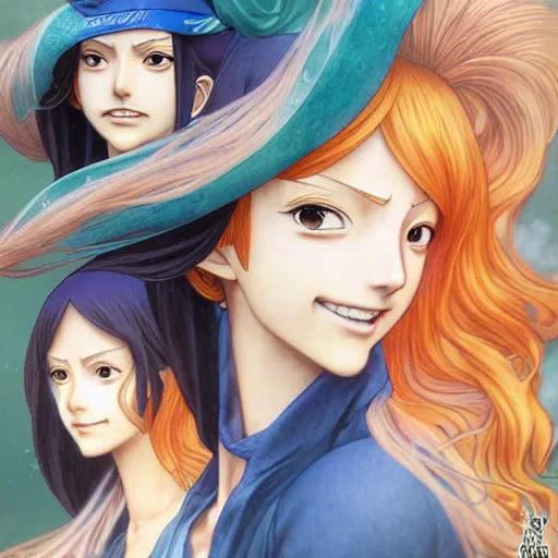 Image similar to intricately detailed vfx portrait of nami from one piece by eiichiro oda!, makoto shinkai, alphonse mucha, art by artgerm and greg rutkowski!, best of behance, concept art, matte, sharp focus, orange hair, adolphe bouguereau, annie leibovitz, stanley kubrick,