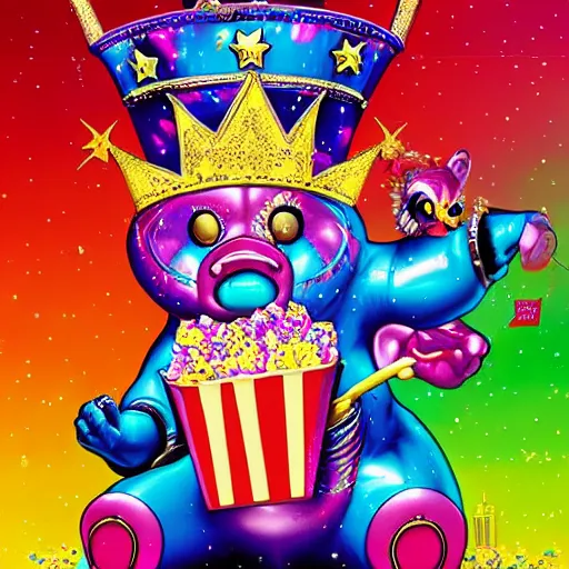 Image similar to lisa frank superhero pose pig wearing a gold crown throwing pop corn painting by android jones