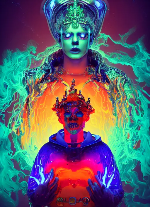 Image similar to photo of fullbodied baroque and bladerunner neon drippy tar sculpture of seductive ceramic albino ceramic prince brian whittaker dotado lavendar iridescent humanoid deity wearing orange plastic fluffy hoody holding diamond skull in a blue alien dungeon, reclining, glowing rainbow face, crown of white diamonds, cinematic lighting, photorealistic, octane render 8 k depth of field 3 d