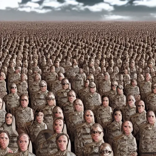 Prompt: photo of an army of human clones with their faces visible, highly-detailed, epic cinematic