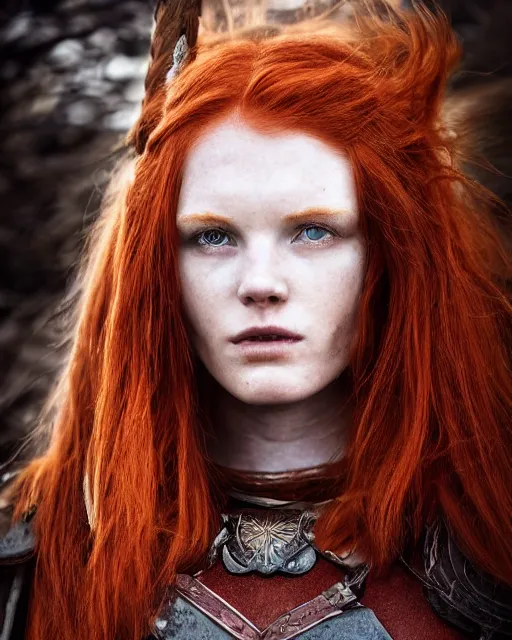 Image similar to north adult female warrior, red hair, ginger hair, long hair, fantasy, female Viking, high detailed, photography, cloudy, lightweight leather armour, Scandinavia, plain, detailed face, beautiful face, beautiful girl, look into the distance, professional model, glowing skin, serious face, full body,in full growth, professional photographer, masterpiece, 50 mm, 8k, 3D