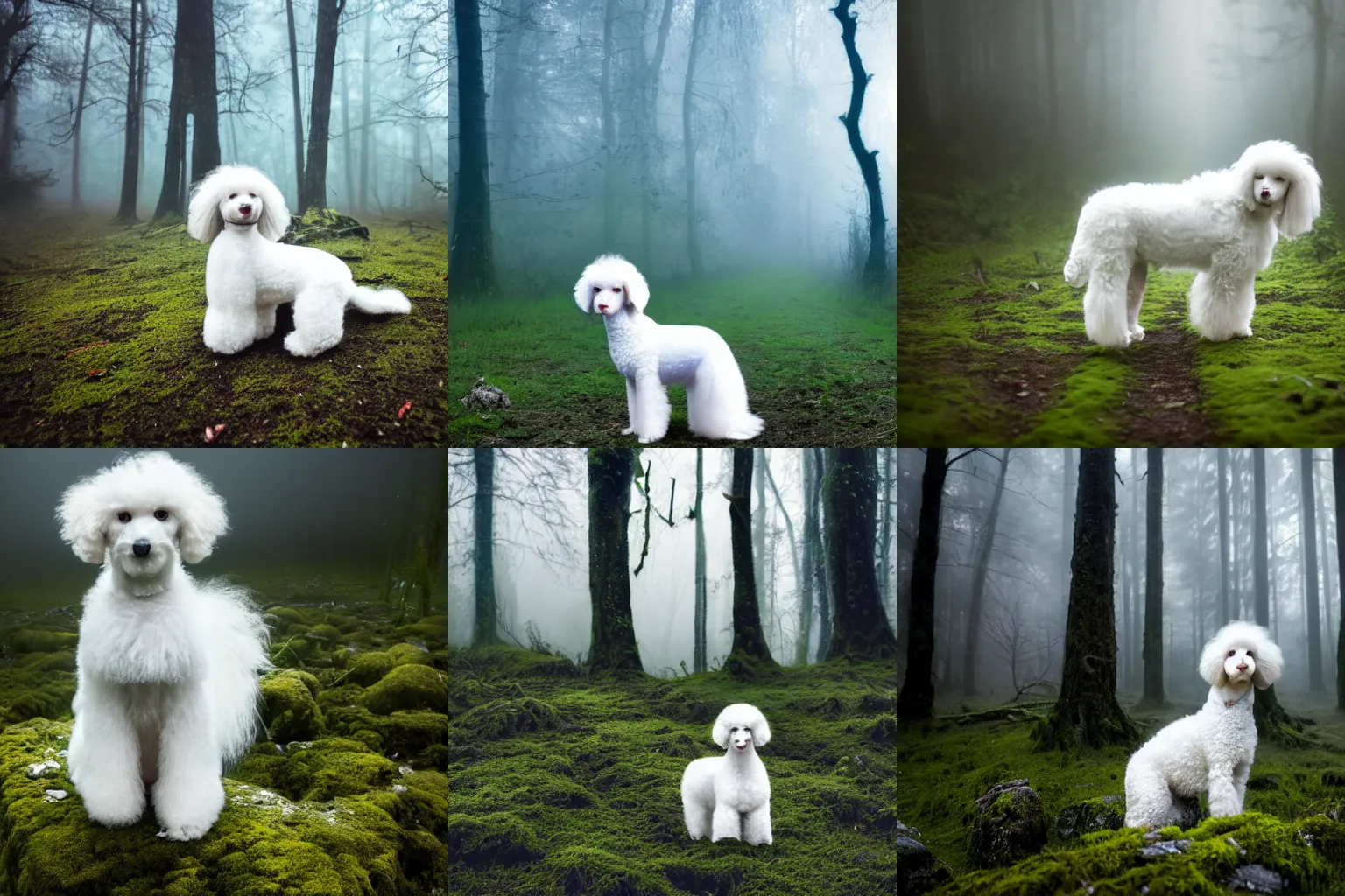 Prompt: high detail photo extreme long shot of a small abandoned white poodle sitting alone in the mossy foggy forest at night, blue moonlight, tilted frame, spooky, atmospheric, hazy, 8k