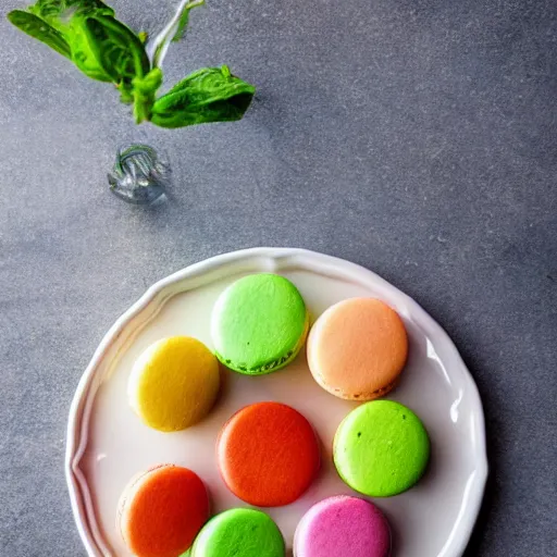 Image similar to a plate of macarons with lettuce, tomato and pickle inside, next to candy gummy plasticine french fries