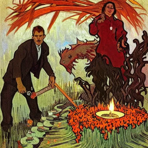 Image similar to painting of arkansas razorbacks at the halloween! party, bubbling cauldron!, candles!, graveyard, gravestones, ghosts, smoke, autumn! colors, elegant, wearing suits!, clothes!, delicate facial features, art by alphonse mucha, vincent van gogh, egon schiele