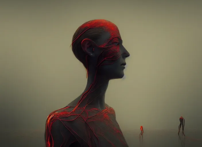 Prompt: rgb, woman, inspired by zdzislaw beksinski, new zealand landscape, clothes made out of veins,, cables everywhere, bedroom, ultra realistic, concept art, intricate details, highly detailed, photorealistic, octane render, 8 k