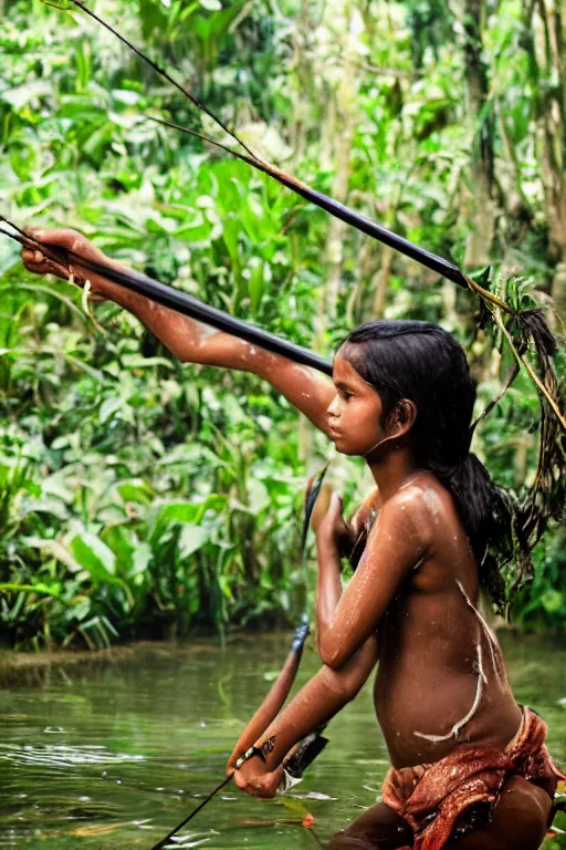 Image similar to a professional portrait photo of a sri lankan jungle girl, submerged in water, black hair, hunter, with bow and arrow, extremely high fidelity, natural lighting.