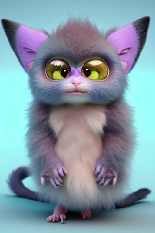 Prompt: high quality 3 d render hyperrealist very cute multipastel fluffy! one - eye cat tarsier hybrid with detailed fluffy wings!!, vray smooth, in the style of detective pikachu, hannah yata charlie immer, dramatic blue light, low angle, uhd 8 k, sharp focus