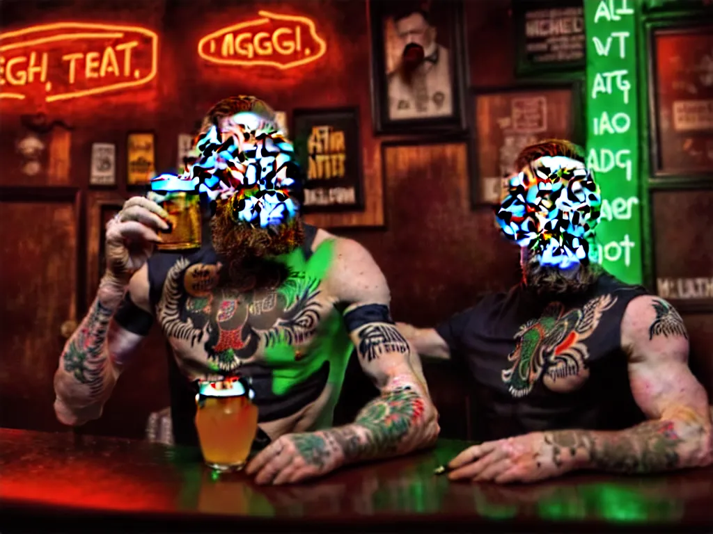 Image similar to a well framed portrait of conor mcgregor drinking a beer in an irish pub with a neon bar, laser lighting, trending on art station, in the style of the movie heat with al pacino, volumetric lighting & shadows, hyper detailed, digital art, unreal engine, 4 0 0 mm f 1. 8,