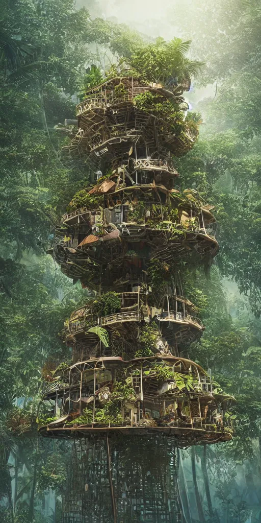 Image similar to ultra realistic and intricate detailed giant tropical tech treehouse on the middle of the tropical paradise, night, high technology, innovation, Dark evil style, artstation, unreal render, depth of field, ambient lighting, award winning, stunning