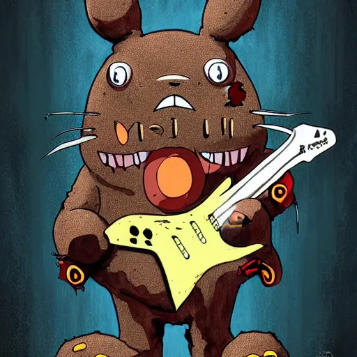 Image similar to cannibal totoro, blood stained, cannibal corpse fan, playing an electric guitar and doing the horn symbol with his hand fantasy digital art, wow, stunning, ghibli style, hight quality