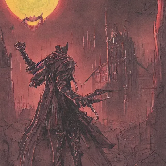 Image similar to a hunter from bloodborne vs robot in yharnam, style by retrofuturism, faded red and yelow, by malcolm smith, old comics in city, nicholas roerich, katinka reinke