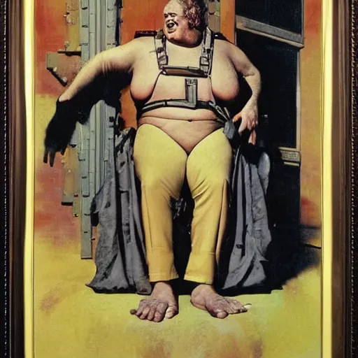 Image similar to full body portrait of actor Kenneth McMillan as baron harkonnen levitating high in the air in dystopian scifi palace, painted by norman rockwell and tom lovell and frank schoonover, dune 1982 movie