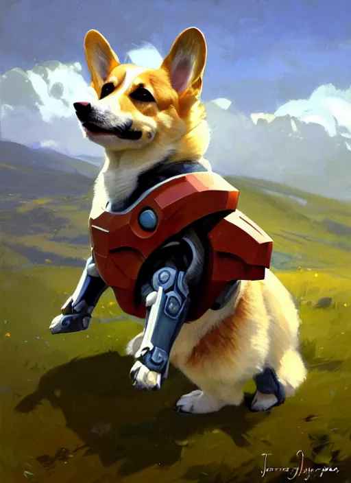 Image similar to Greg Manchess painting of a Corgi in a combination of Metroid Prime Armor and Forerunner Armor from Halo, countryside, calm, fantasy character portrait, dynamic pose, above view, sunny day, thunder clouds in the sky, artwork by Jeremy Lipkin and Giuseppe Dangelico Pino and Michael Garmash and Rob Rey, very coherent asymmetrical artwork, sharp edges, perfect face, simple form, 100mm