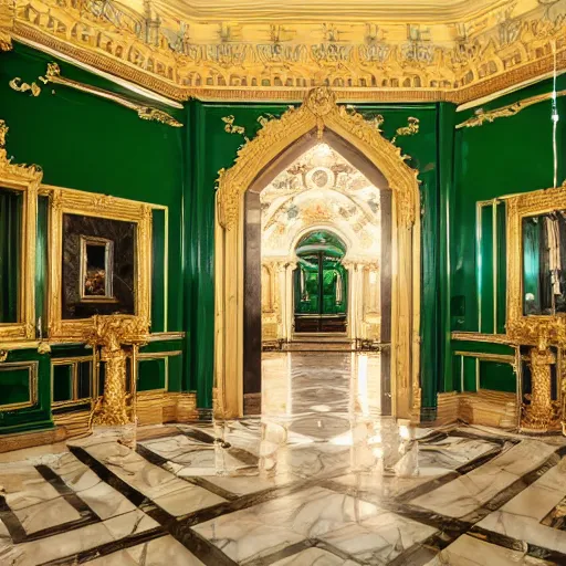 Image similar to a realistic photo of a large lavish victorian style mansion entrance hall made entirely of malachite with golden accents on the walls, and a dark marble floor; cinematic lens, 8K award-winning photo