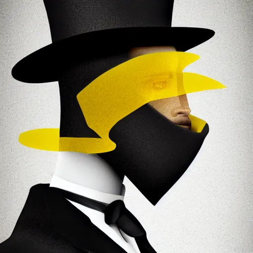 Image similar to a highly detailed portrait of a man in a high top hat covering his face, in a black tailcoat with a yellow waistcoat under the tailcoat, artstation, deviantart, professional, unreal engine 5, photorealistic