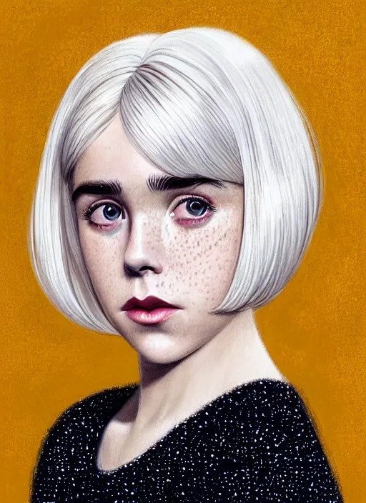 Image similar to portrait of kiernan shipka with freckles, white hair, 1 9 6 0 s bob hairstyle, hairstyle with bangs, 1 9 6 0 s bob hair with bangs and hairband, intricate, elegant, glowing lights, highly detailed, digital painting, artstation, concept art, smooth, sharp focus, illustration, art by wlop, mars ravelo and greg rutkowski