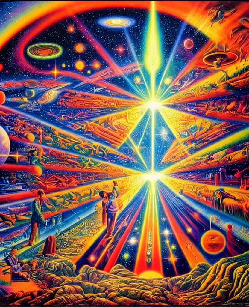 Prompt: a beautiful colorful future for humanity, spiritual science, divinity, utopian, heaven on earth by david a. hardy, wpa, public works mural, socialist