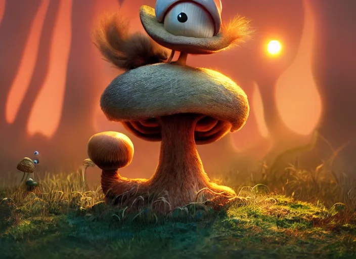 Image similar to a cute dr seuss creature sitting next to a mushroom, golden hour, fantasy, sharp focus, digital art, hyper realistic, 4 k, unreal engine, highly detailed, hd, dramatic lighting by brom, trending on artstation