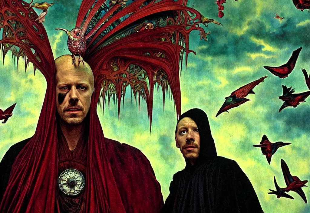 Image similar to realistic detailed portrait movie still of a birdman wearing dark robes, sci fi landscape background by denis villeneuve, amano, yves tanguy, alphonse mucha, max ernst, ernst haeckel, roger dean, masterpiece, rich moody colours, birds, snarling dog teeth