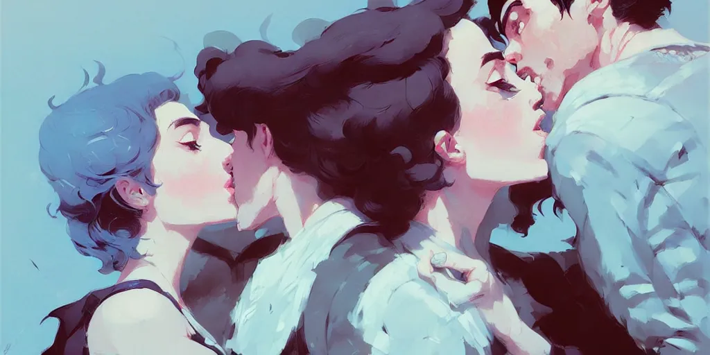 Prompt: portrait of dorian kissing elena by atey ghailan, by greg rutkowski, by greg tocchini, by james gilleard, by joe fenton, by kaethe butcher, dynamic lighting, gradient light blue, brown, blonde cream and white color scheme, grunge aesthetic