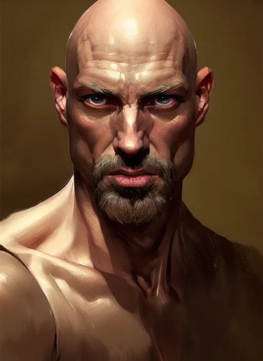 Image similar to Portrait of a man, bald, scarred! D&D, muscular, robes, intricate, elegant, highly detailed, digital painting, artstation, concept art, smooth, sharp focus, illustration, art by artgerm and greg rutkowski and alphonse mucha