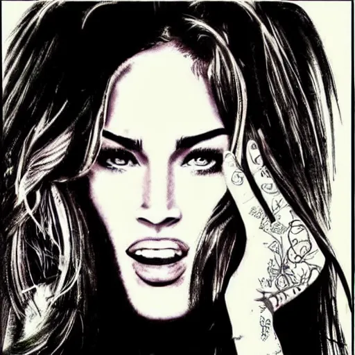 Image similar to tattoo design sketch megan fox face double exposure effect with beautiful mountain scenery, in the style of matteo pasqualin, amazing detail