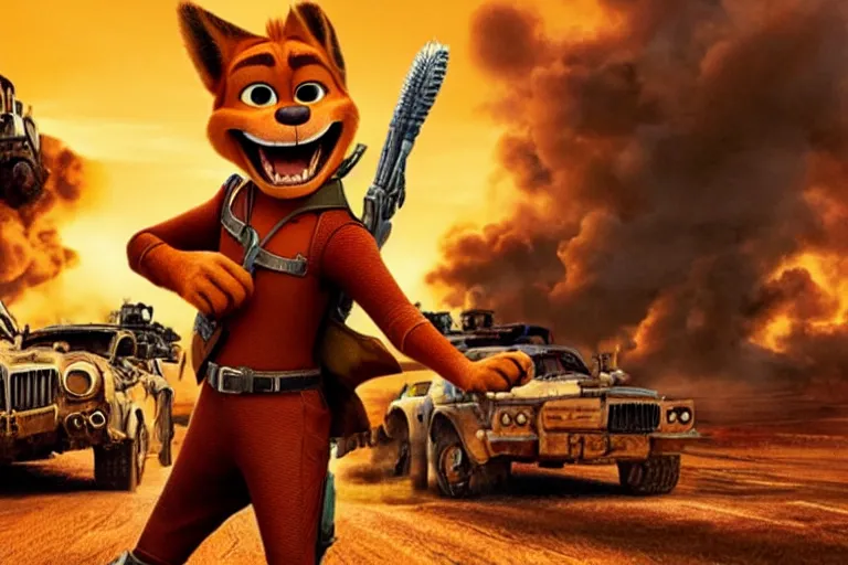 Image similar to nick wilde, heavily armed and armored facing down armageddon in a dark and gritty reboot from the makers of mad max : fury road