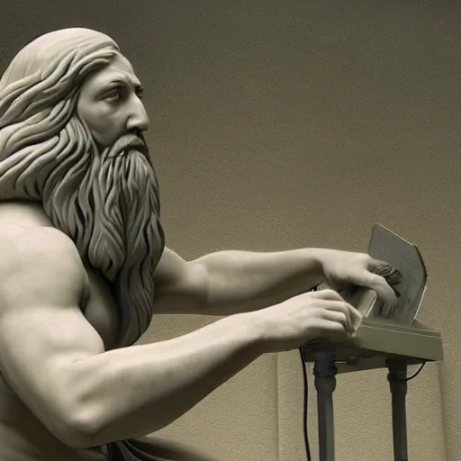 Image similar to a marble statue depicting a bearded wild man playing a modular synthesizer, 8 k, unreal engine,