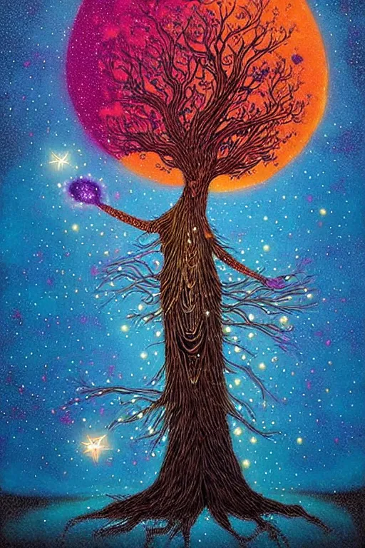 Image similar to surreal neil gaiman's sandman, Dream, magic realism, flowerpunk, mysterious, A tree fades into starry space, vivid colors, by andy kehoe, amanda clarke